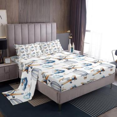 Imagem de Manfei Jogo de lençol solteiro solteiro com balões de ar quente, decoração de quarto de meninos e meninas, desenho animado de estrelas nuvens, azul sonhador, 3 peças (elástico + plano + 1 fronha)