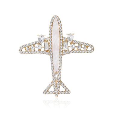 Imagem de Broche de avião de strass para mulheres e homens banhado a ouro/prata concha de cristal delicada broches de lapela acessórios elegantes para terno jaquetas blazers casacos joias temáticas de viagem