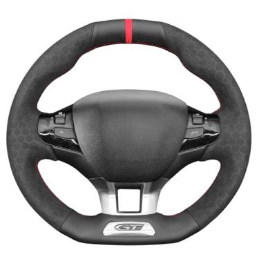 Imagem de MEWANT Capa de volante costurada à mão para Peugeot 208 (GTI/GT Line/GT) 2013-2019/308 (GT/GTI/GT Line) 2014-2021/308 SW(GT/GT Line) 2015-2021/2008 (linha GT) 2015-2019