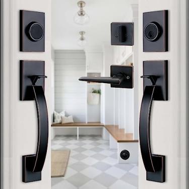 Imagem de NEWBANG Conjunto de maçaneta de entrada dupla e fechadura de fechadura da porta dianteira - acabamento em bronze polido a óleo (conjunto com chave e falso) MDHST201710B-SET-BR