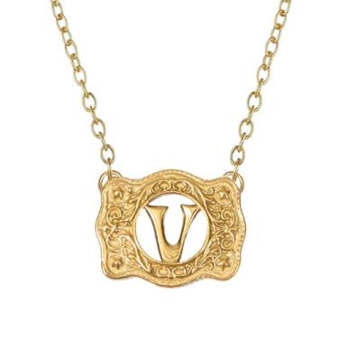 Imagem de SENFAI Colar com fivela de cinto em ouro 14K, estilo ocidental, com pingente de letra inicial, design decorativo com fivela de cinto, Small, Latão, Sem Pedra Preciosa