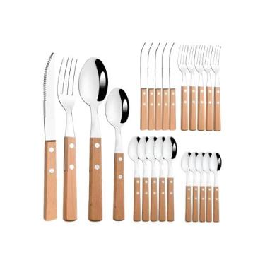 Imagem de Kit de Talheres Inox Ke Wood 25 Peças Faqueiro Colher Sopa Sobremesa G