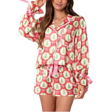 Imagem de Conjunto De Pijama De Natal Colorido Feminino Gravata Borboleta Camisa De Manga Comprida Shorts Com Babados 2 Peças De Pijamas, Pink, S