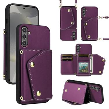 Imagem de Dibosom Capa carteira de luxo para Samsung Galaxy S24 FE 5G com bolsa fina e fina e alça de ombro, suporte de cartão de crédito de couro PU acessórios capa de celular para S 24 EF S24FE 24S roxo