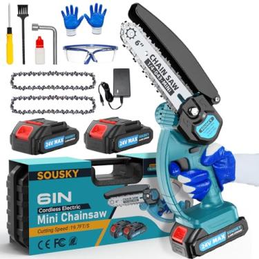 Imagem de SOUSKY Mini Motosserra Sem Fio, Pequena Portátil De 6 Polegadas, Alimentada Por Bateria, Motosserras Portáteis Com 2 * 24 V, 2,0 Mah, Recarregável Para Corte Árvores/Madeira, Aparar, Jardinagem, Pod