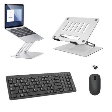 Imagem de Kit Teclado Mouse Wireless Preto e Suporte alumínio Notebook Multilase