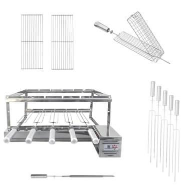 Imagem de Kit Churrasqueira Giratória Gira Grill Inox 5 Espetos com 2 Grelhas Auxiliares, 1 Espeto Gaiola, 1 Espeto Espada e Motor na frente (Motor Direito)
