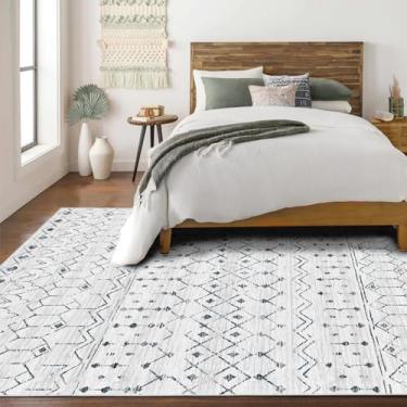 Imagem de Deerly Tapete para quarto de 15 x 23 cm, antiderrapante, marroquino, boêmio, fazenda, lavável, para sala de estar, decoração de escritório, tapete macio para piso interno, branco/cinza escuro