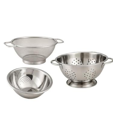 Imagem de Kit 3 peças Escorredor De Arroz 25cm + Escorredor De Macarrão + Escorredor telado.escumadeira inox(Massa + Arroz25cm + Telado24)