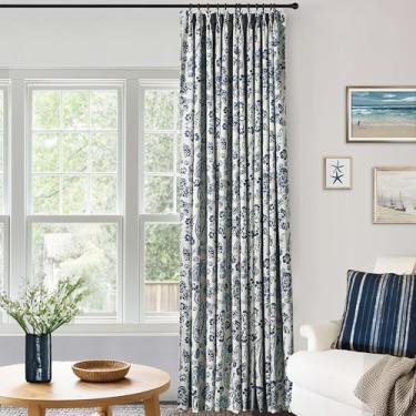 Imagem de Cortinas blecaute com padrão floral azul marinho e branco 203 cm de comprimento, cortinas plissadas pretas náuticas chinoiserie Grand Millenial para quarto, sala de estar, 203 cm de comprimento
