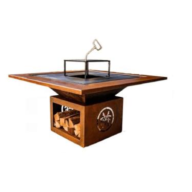 Imagem de Churrasqueira Estação Gourmet 3 em 1 Chapa Grelha e Lareira RAN Aço Corten Estilo Rústico com Quadro de segurança em Madeira, para Assados e Churrasco em Sítios Chácara Áreas Externas Varanda Quisques