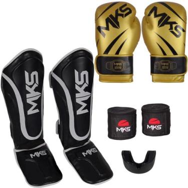 Imagem de Kit Luva Muay Thai Champion Dourada + Caneleira Muay Thai Prospect Pre
