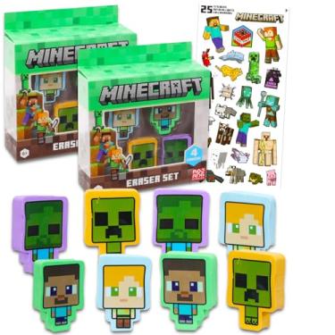 Imagem de Minecraft Conjunto de lembrancinhas de festa - Pacote com 8 borrachas Minecraft com adesivos Creeper, Zombie, More Plus Minecraft | Kit de suprimentos de festa Minecraft para crianças, meninos e