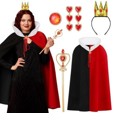 Imagem de Cutecrop Conjunto de 5 peças de acessórios de Halloween Queen com capa vermelha e preta coração coroa varinha broche de manto brincos para mulheres, Multicor, One Size