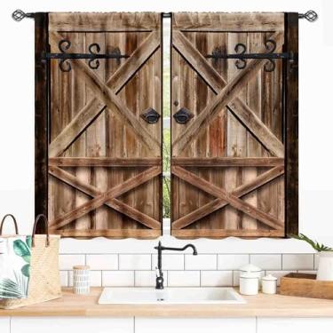 Imagem de Cortinas rústicas para casa de fazenda, porta de celeiro de madeira do país ocidental, placa de madeira marrom, portão de garagem, vintage, blackout, janela, cortinas para quarto, sala de estar