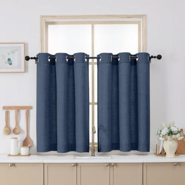 Imagem de Chyhomenyc Cortinas azuis de 91 cm de comprimento, cortinas de janela de cozinha pequenas texturizadas de linho sintético com filtragem leve sobre a pia, cortina curta de café com ilhós grossos para