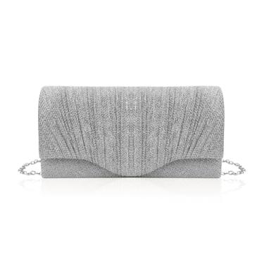 Imagem de AfitLulu Bolsa clutch plissada para noite, bolsa feminina brilhante para banquete com alça de corrente, bolsa envelope feminina de lantejoulas, Prata