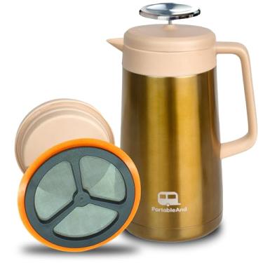 Imagem de PortableAnd Cafeteira prensa francesa de silicone grande com isolamento a vácuo duplo de 973 ml, aço inoxidável metálico, preto fosco, perfeita para acampamento, viagens e uso doméstico (ouro claro)