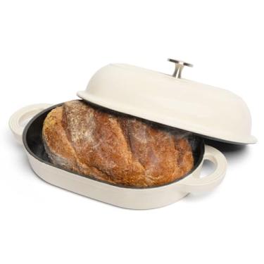 Imagem de TOMO Forno oval de ferro fundido, 28 x 18 cm - Cloche de pão rústico holandês com tampa de circulação a vapor para massa fermentada perfeita