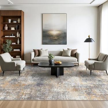 Imagem de BEIMO Tapetes de área 22 x 30 cm para sala de estar e quarto, tapete abstrato moderno lavável à máquina, capa de piso grande macia com suporte antiderrapante para sala de jantar, cinza dourado