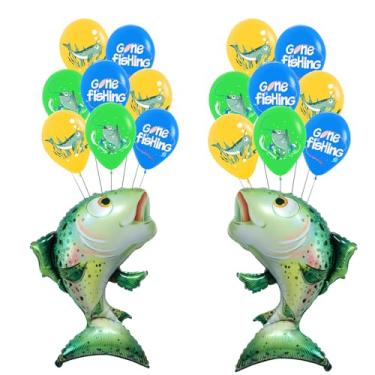 Imagem de 14 balões de peixe, balão realista de folha de salmão com tema de pesca, balões de látex para decoração de festa de pesca/artigos temáticos de pesca/encontros de clubes de pesca