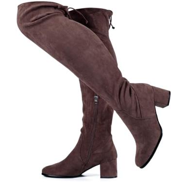 Imagem de Vipost Botas femininas de camurça larga acima do joelho, cano alto, larga, plus size, salto grosso, bico redondo, ajuste elástico com zíper lateral parcial, moda inverno, Café, 7 X-Wide