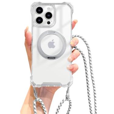 Imagem de SGVAHY Capa para iPhone 15 Pro com alça transversal magnética 360 suporte giratório [compatível com Magsafe], capa de proteção contra quedas militar transparente para mulheres e homens, branca