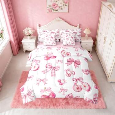 Imagem de Erosebridal Conjunto de cama solteiro com laço rosa, 7 peças, para decoração de quarto de crianças, adolescentes, mulheres, conjunto de edredom com laço e laço