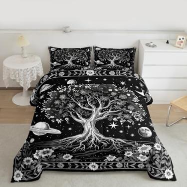 Imagem de Jogo de cama king size com galhos de árvores, árvore da vida, flor, para decoração de quarto de crianças e adolescentes, céu estrelado, galáxia, planetas, edredom macio, edredom preto e cinza, 2