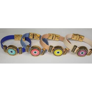 Imagem de Pulseira Olho Grego Colorida - Pano da Sorte, Couro, Azul, TAM:20,5CM