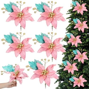 Imagem de Leinuosen 6 peças de árvore de Natal doce rosa poinsétia flores pastel árvore de Natal palitos de 30,5 cm decoração de natal doce para decoração de vaso de mesa de centro de mesa festa guirlanda de