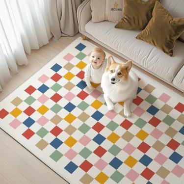 Imagem de Tapete xadrez lavável, 22,5 x 30,5 cm, colorido, arco-íris, moderno, dobrável, tapetes grandes para sala de estar, tapete interno ultrafino antiderrapante para escritório, quarto, sala de jantar, sala