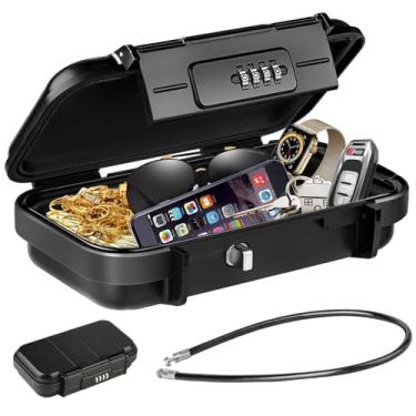 Imagem de HUANLANG Cofre de segurança portátil com cadeado de combinação mini cofre de viagem à prova d'água pequena caixa bloqueável com combinação de corda de arame removível cofre para dormitório, viagem,