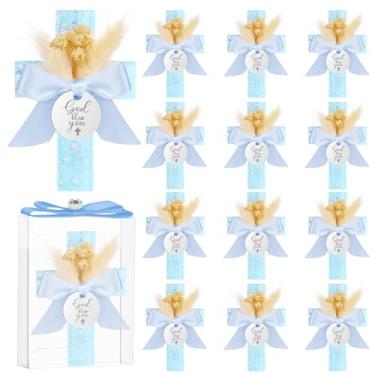 Imagem de 12 conjuntos de lembrancinhas de festa de batismo para convidados com cruz epóxi ímãs de geladeira lembrancinhas de primeira comunhão, ímã de batismo cruzado com flores para festa de chá de bebê Bless