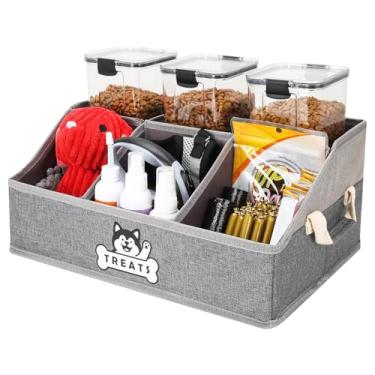 Imagem de Cesta organizadora de petiscos para cães com alças, caixa de brinquedos dobrável para sala de estar e bancada, cesta de brinquedos para cães com divisórias removíveis para recipiente de petiscos