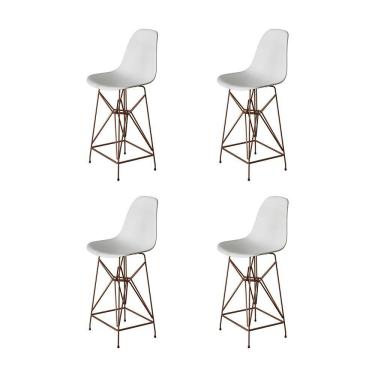 Imagem de Kit 4 Banquetas Bistrô Alta Eames Branca Base Ferro Cobre - Cor: Branco