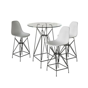 Imagem de Jogo Mesa Bistrô Eames Tampo Vidro 60Cm 3 Banquetas Branca Base Ferro Preto - Cor: Branco