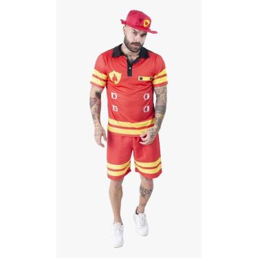 Imagem de Fantasia Bombeiro Adulto Masculina Roupa Carnaval com Chapéu