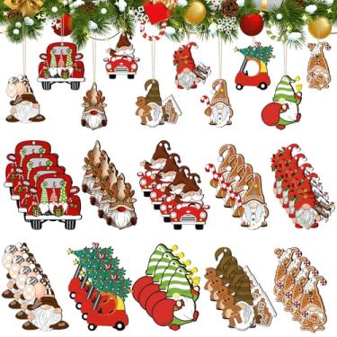 Imagem de Leinuosen 50 peças de enfeites de madeira de gnomo de Papai Noel, Natal, Papai Noel, caminhão, vermelho, enfeites de pendurar de madeira, artesanato para pendurar em madeira para decoração de árvore