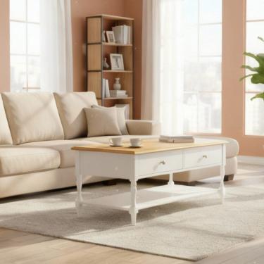 Imagem de Mesa de Centro 2 Gavetas 100cm Tampo de Madeira Maciça e Pés Torneados Louise Branco/Mel