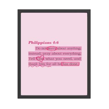 Imagem de Arte de parede cristã rosa de Filipenses 4:6, pôster de escritura bíblica estética preppy impressões decorações de parede para quarto de meninas dormitório casa (20 x 25 sem moldura)