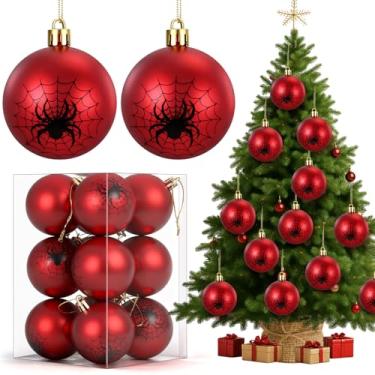 Imagem de Vertintong 12 peças de enfeites de bola de Natal de 6 cm, tema de aranha, bolas de árvore de Natal, decorações para pendurar, teia de aranha vermelha, preta, tema clássico de filme de desenho animado
