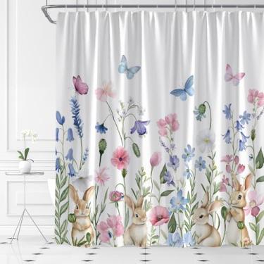 Imagem de ASVEAS Cortina de chuveiro primavera Páscoa Coelhinho Coelhos Fofos Aquarela Azul Floral Flores Rosa Tecido para Decoração de Banheiro Banheira com Ganchos (177.8 cm WX70 H)