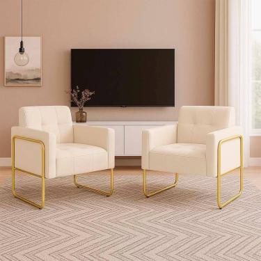 Imagem de Poltrona Sala Industrial Alta Tubo Dourado Kit 2 Elisa Suede Bege D03 - D`rossi