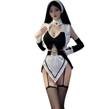 Imagem de Temptshow Women's sexy adult nun cosplay costume Halloween cosplay dress uniform lingerie (black)