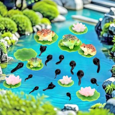 Imagem de Puideon 70 peças de mini acessórios artificiais para lagoas, sapos de resina em miniatura, folha de lótus, conjuntos de girino para casa, ao ar livre, lago, piscina, jardim, pátio, aquário, decoração