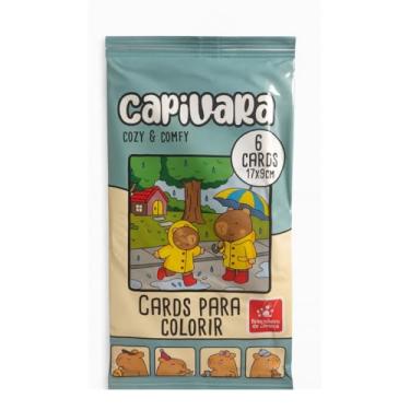 Imagem de Capivara Cozy & Comfy Cards Para Colorir, 6 Cartões Ilustrados, 17x9cm, Tema Chuva e Diversão