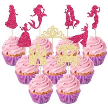 Imagem de Gyufise 36 peças de enfeite de cupcake princesa glitter sereia menina castelo salto alto coroa escolhas de cupcake tema princesa chá de bebê meninas decorações de bolo de festa de aniversário rosa