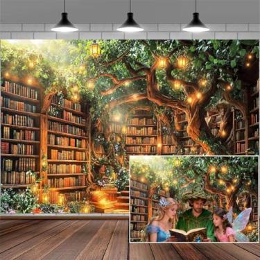 Imagem de Fundo de biblioteca de floresta encantada de 3,5 x 2,3 m, conto de fadas, jardim das maravilhas cenário fotográfico fundo de chá de bebê, faixa de árvore de fantasia, decoração de festa de aniversário