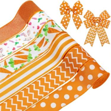 Imagem de Tigeen 6 rolos de 30 jardas fitas de borda com fio de Páscoa laranja cenoura coelho listrado bolinhas tecido fitas de serapilheira para decorações de férias de primavera laços de guirlanda de embrulho